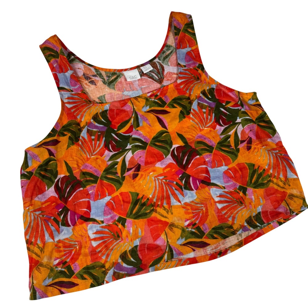 C&C California Tank Top Women XL Orange Tropical Linen Leaf Print Summer Boho